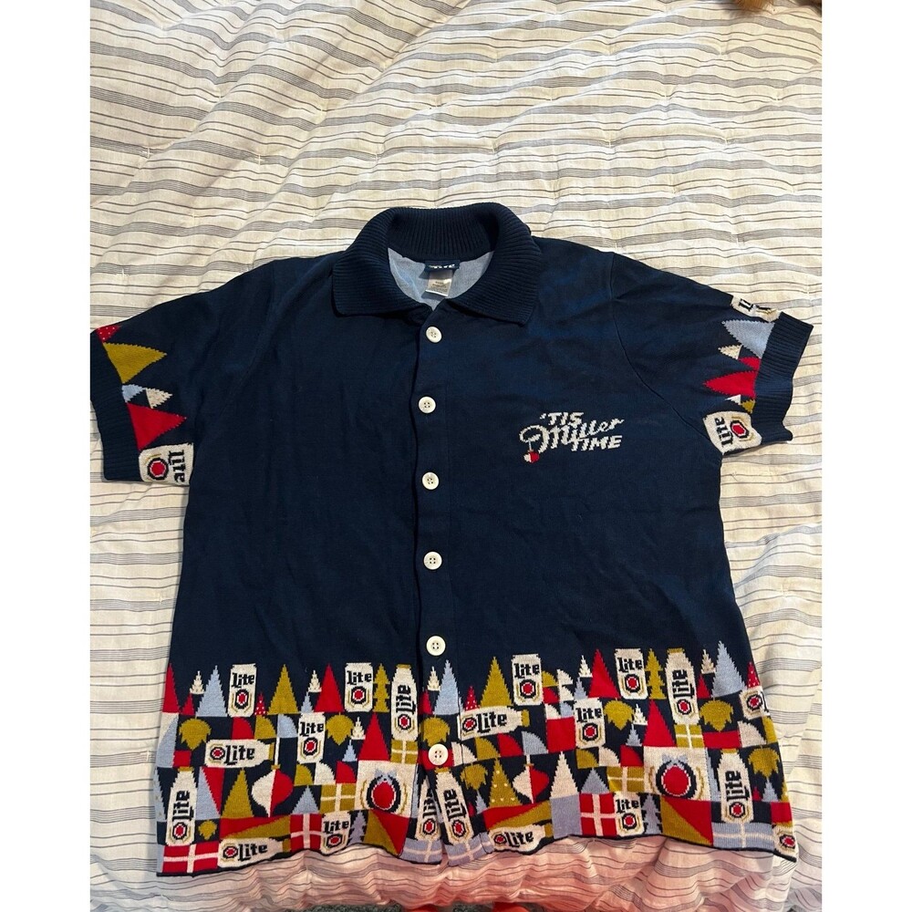 Miller Lite Ugly Christmas Button Up Sweater “Tis Miller Time” Men’s Size Large
